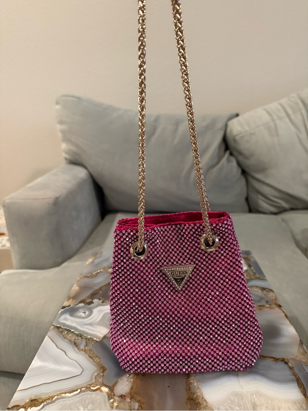 GUESS Hot Pink Crystal Shoulder Bag with Gold Chain